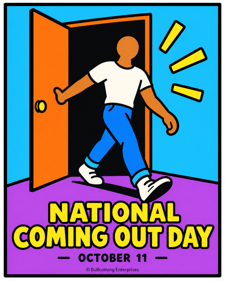 Colorful National Coming Out Day October 11 poster showing a person stepping through a doorway, with Bullcoming Enterprises copyright credit.
